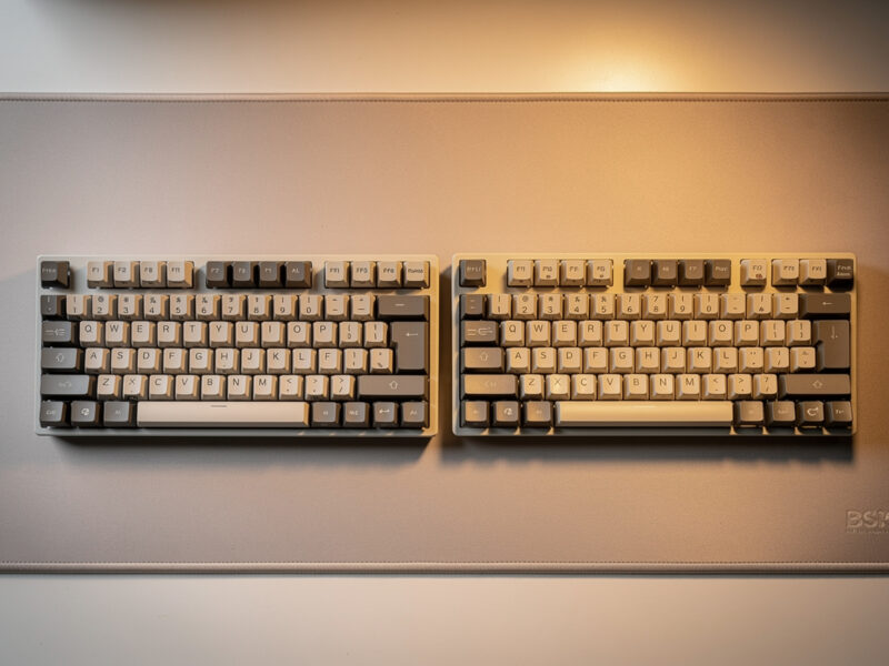 A 65 percent and a 75 percent mechanical keyboard side by side on a deskmat