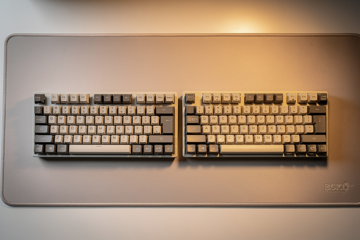 A 65 percent and a 75 percent mechanical keyboard side by side on a deskmat