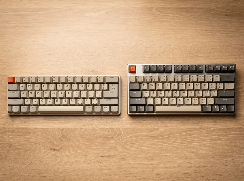 A 65 percent keyboard and a 75 percent keyboard side by side on a desk showing the function row difference