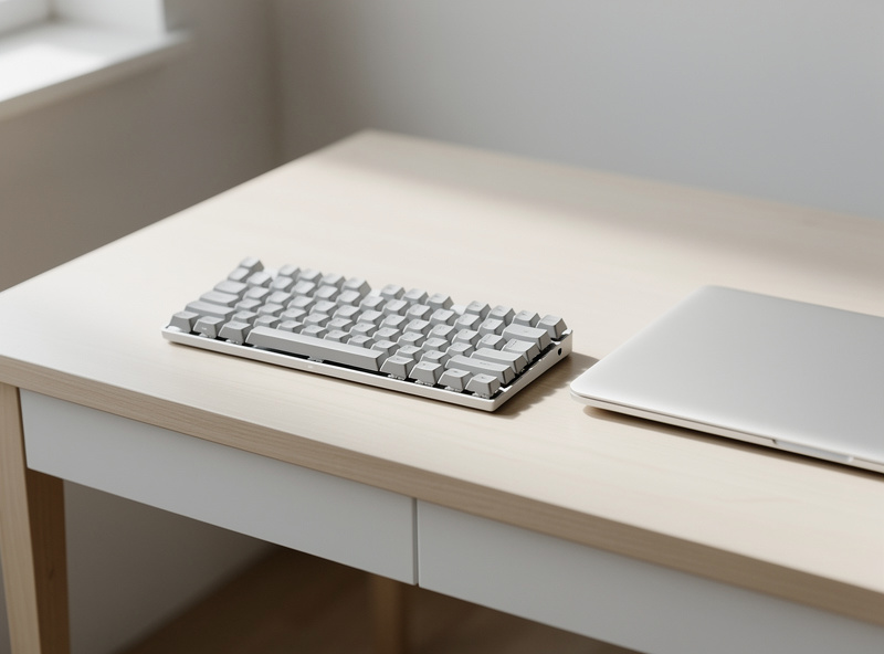 A compact 65 percent keyboard on a small desk next to a laptop showing the space savings