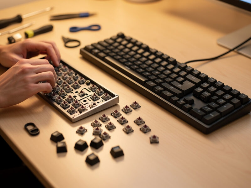 Comparing a barebones keyboard kit being assembled with a finished prebuilt keyboard