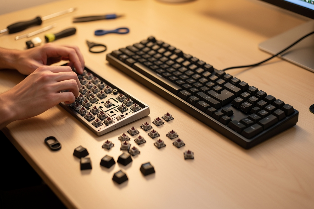 Comparing a barebones keyboard kit being assembled with a finished prebuilt keyboard