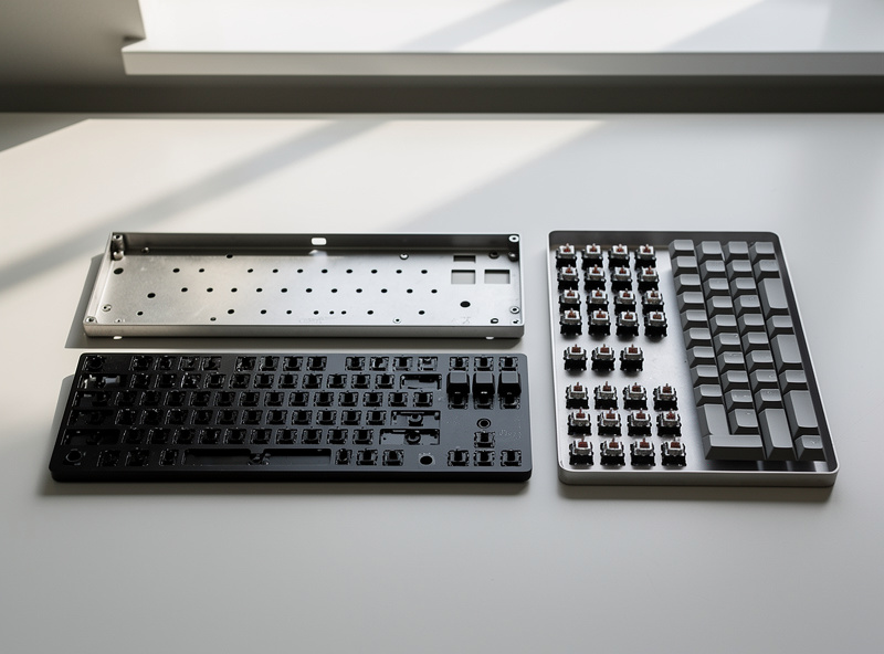 A barebones keyboard kit with case, plate and PCB beside a separate tray of switches and keycaps ready to install
