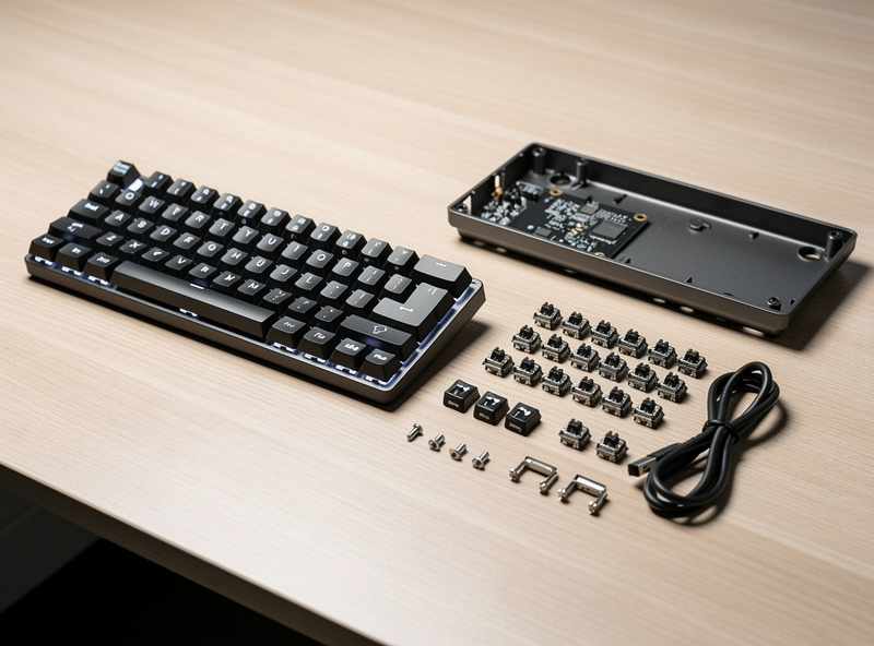 A finished keyboard next to its barebones components, showing the before and after of a 30-minute assembly