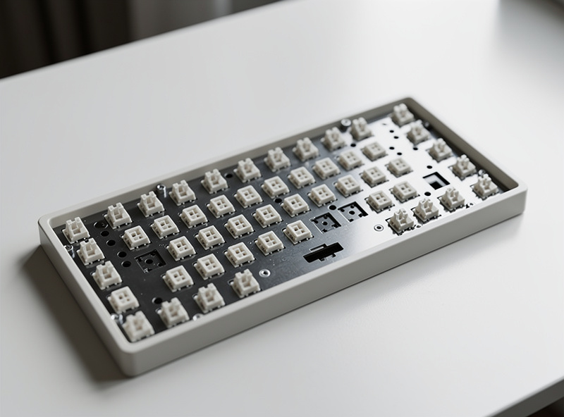 A budget hotswap 65 percent keyboard barebones kit on a desk with the case, plate and PCB visible