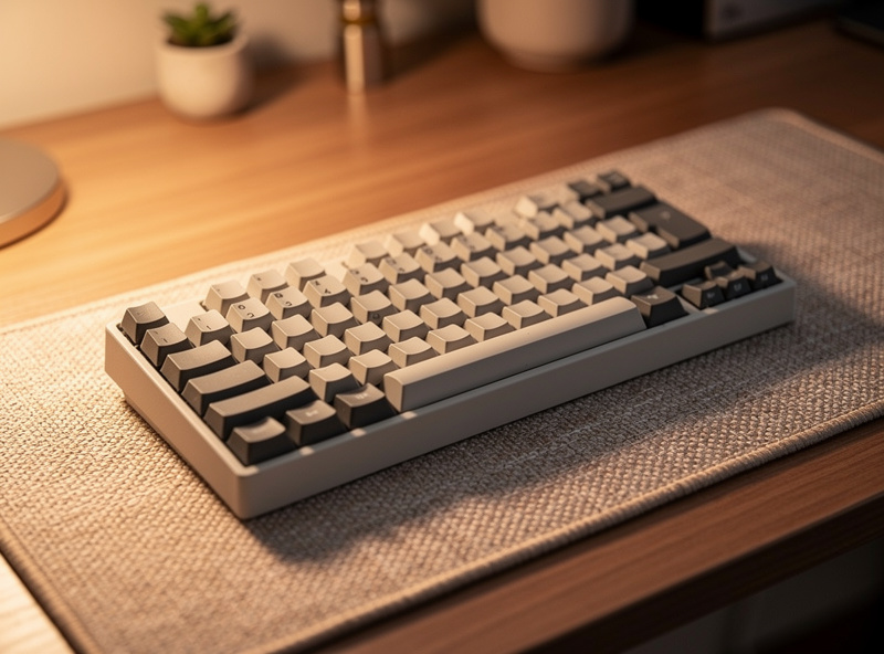 A finished sub-100-dollar hotswap keyboard on a deskmat, fully assembled with PBT caps