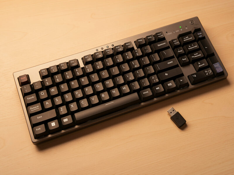 Tri-mode wireless mechanical keyboard with its USB dongle on a desk
