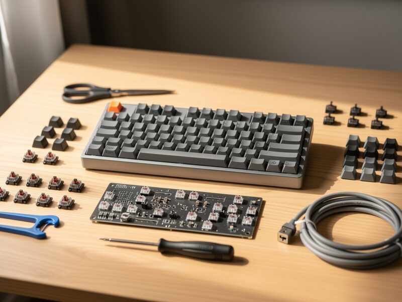 A complete affordable custom keyboard build with its component parts arranged on a desk