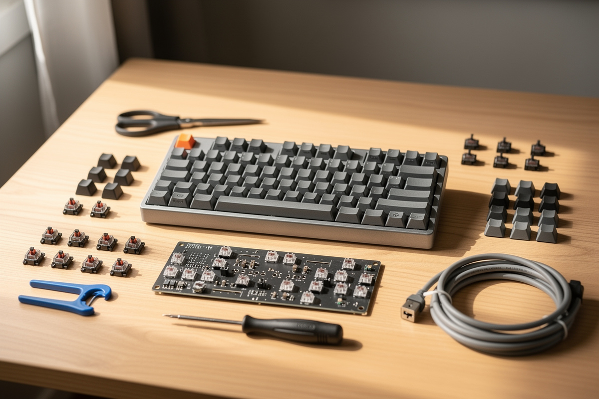 A complete affordable custom keyboard build with its component parts arranged on a desk
