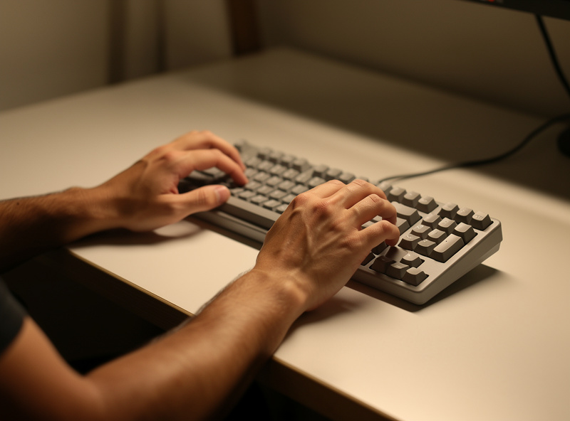 A finished budget custom keyboard typed on at a desk, no expensive aluminum case, just a solid affordable build