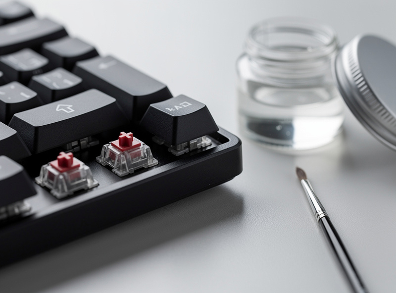 Budget keyboard build next to a small jar of switch lube and a brush, showing the cheap first upgrade path