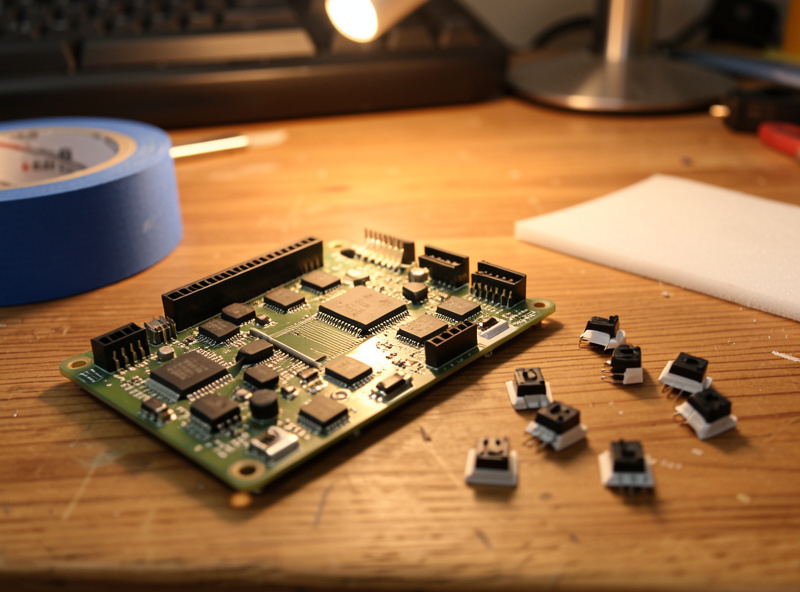 Disassembled mechanical keyboard PCB on a workbench with painters tape and a foam sheet beside it