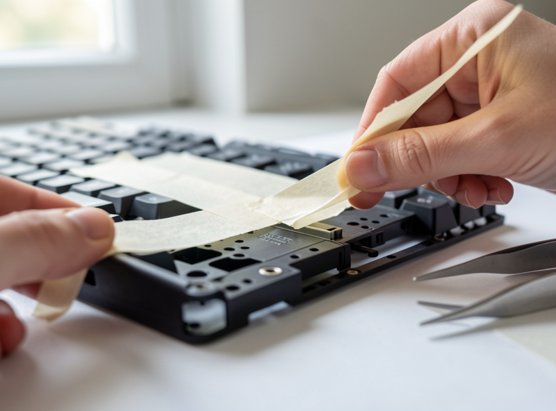 Hands applying strips of painters tape to the underside of a mechanical keyboard plate