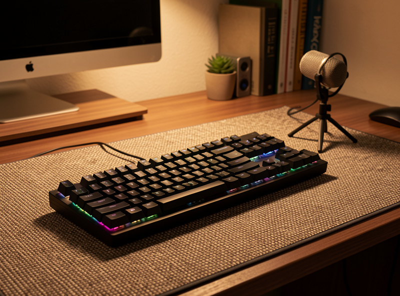 A tuned 65 percent mechanical keyboard on a large desk mat with a recording microphone nearby