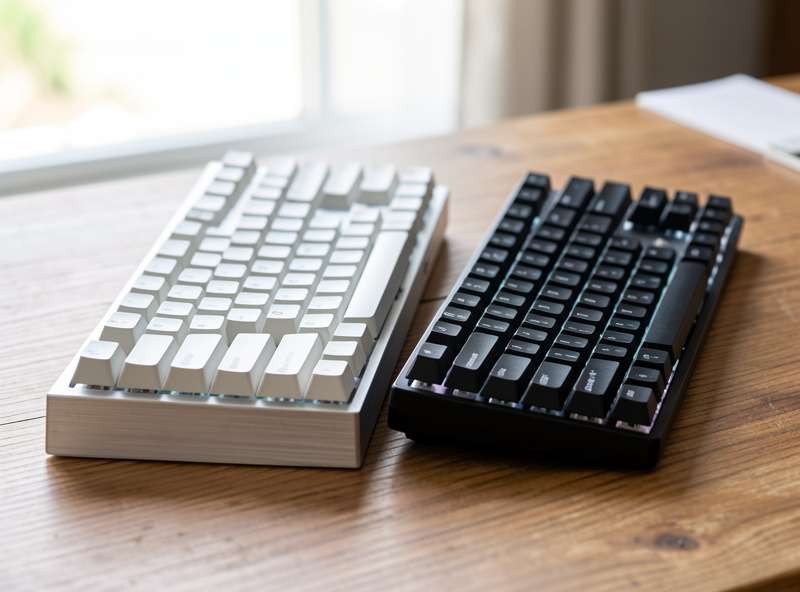 Two mechanical keyboards side by side on a desk, one aluminum and one plastic