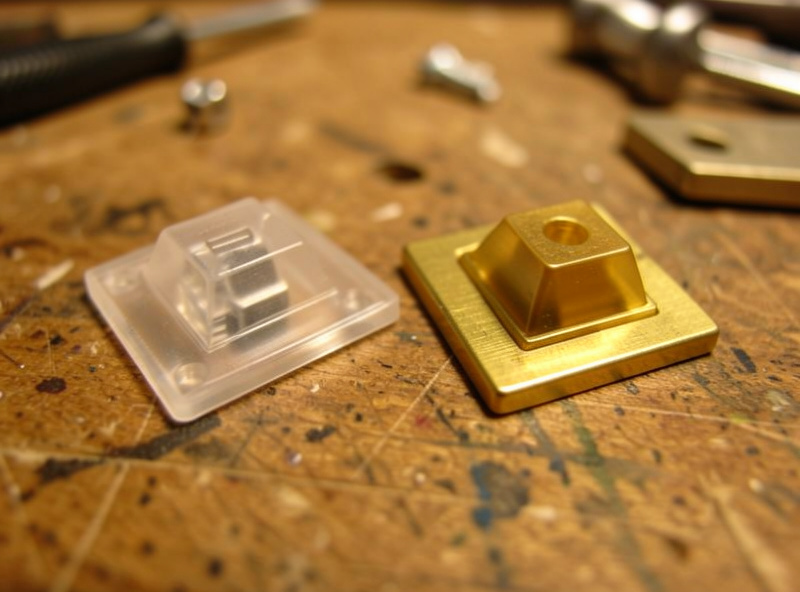 Close-up of a softer polycarbonate keyboard plate next to a brass plate