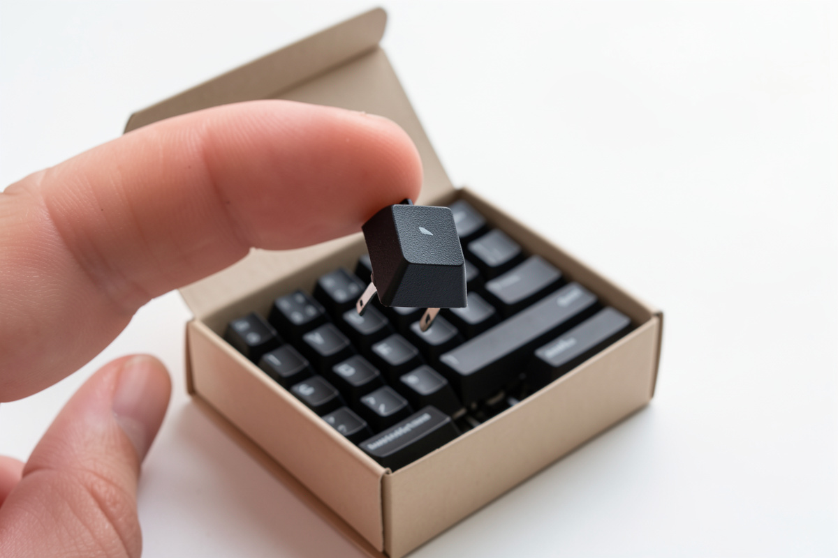 A box of factory-lubed mechanical keyboard switches with one switch held up for inspection