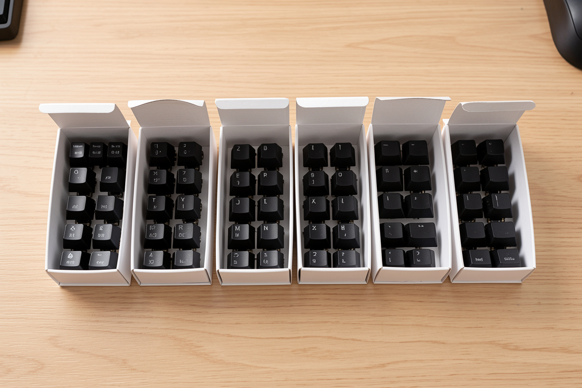 A selection of factory-lubed switch boxes on a desk, ready to choose from