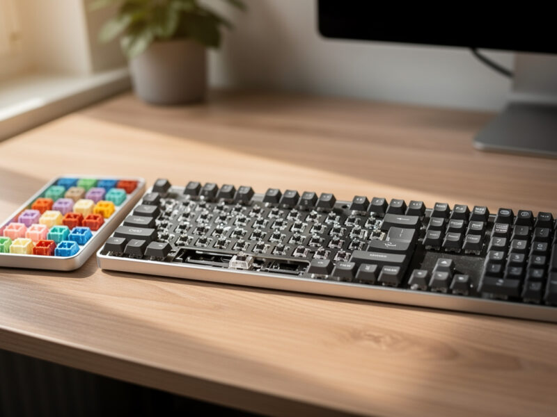 Workspace assembling a custom mechanical keyboard with barebones board, switches, and PBT keycaps