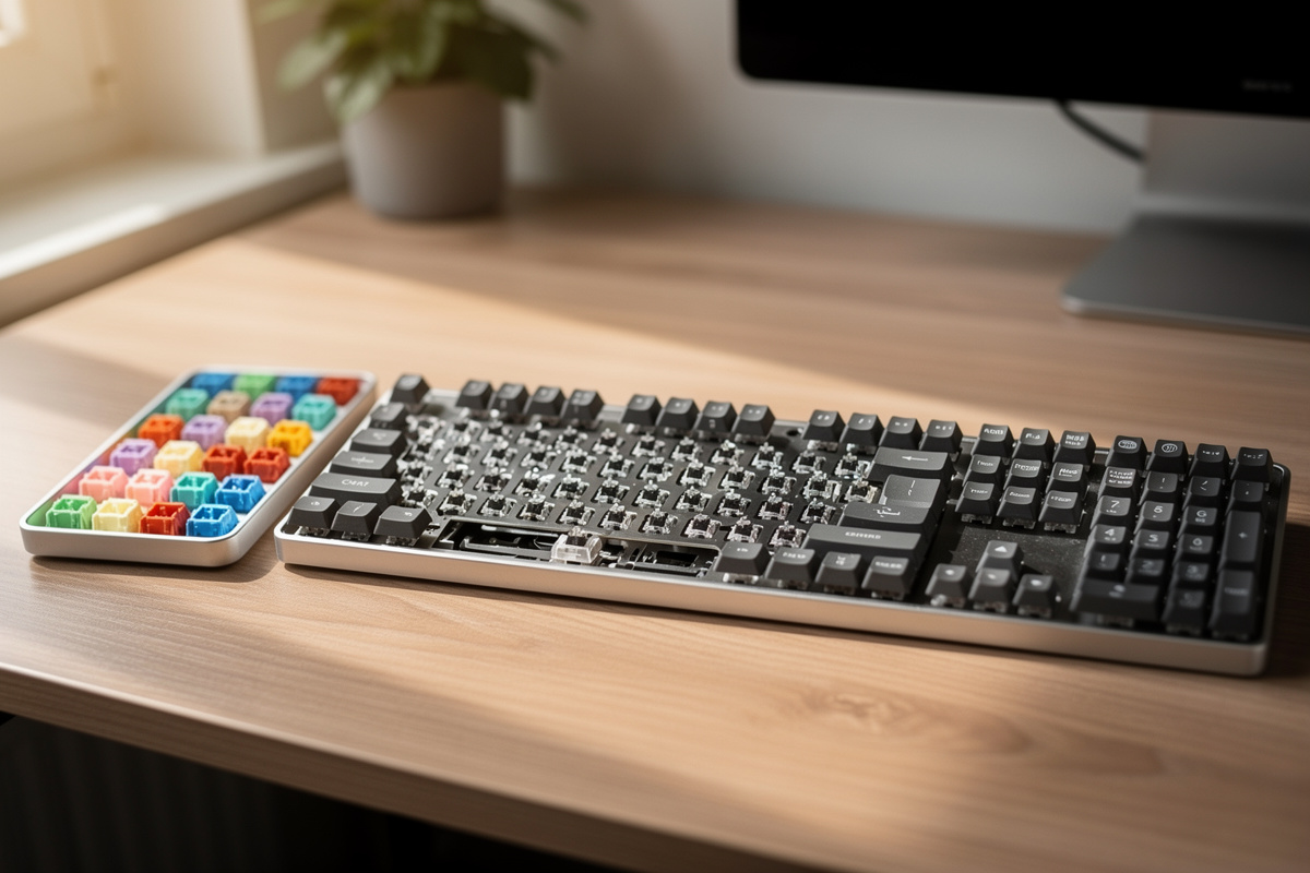 Workspace assembling a custom mechanical keyboard with barebones board, switches, and PBT keycaps