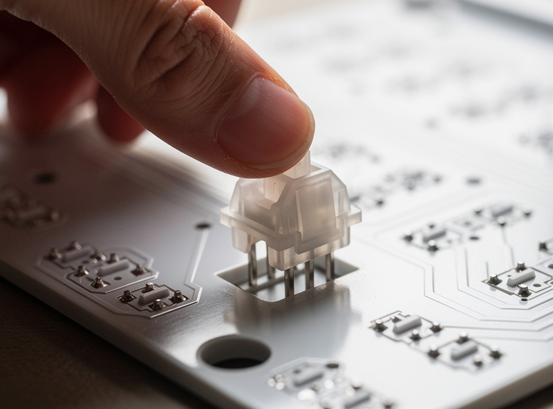 Hotswap keyboard PCB with a switch being pressed into a socket by hand, no soldering iron
