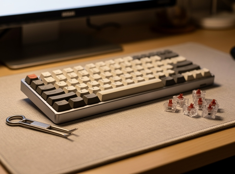 A finished compact custom keyboard on a deskmat next to a switch puller and a few spare switches