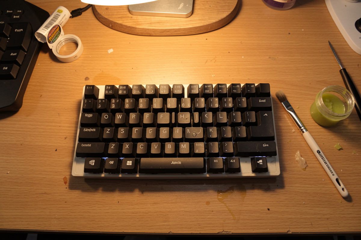 A switch lubing setup with brush, grease and a partially completed batch of switches
