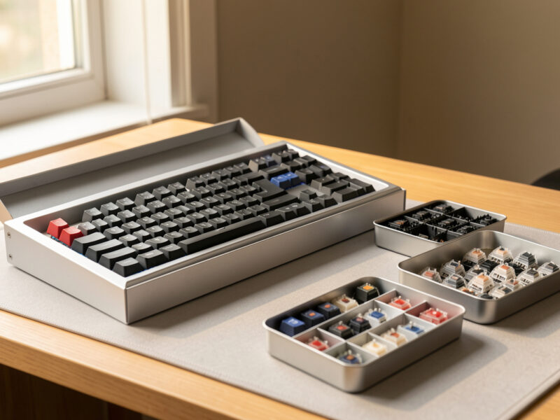 Custom mechanical keyboard kit unboxed on a desk mat with switches and keycaps
