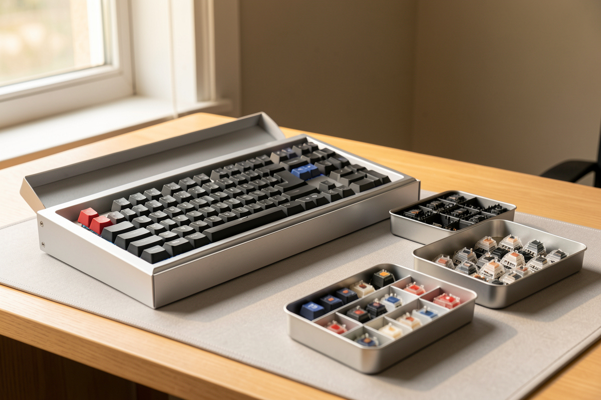 Custom mechanical keyboard kit unboxed on a desk mat with switches and keycaps