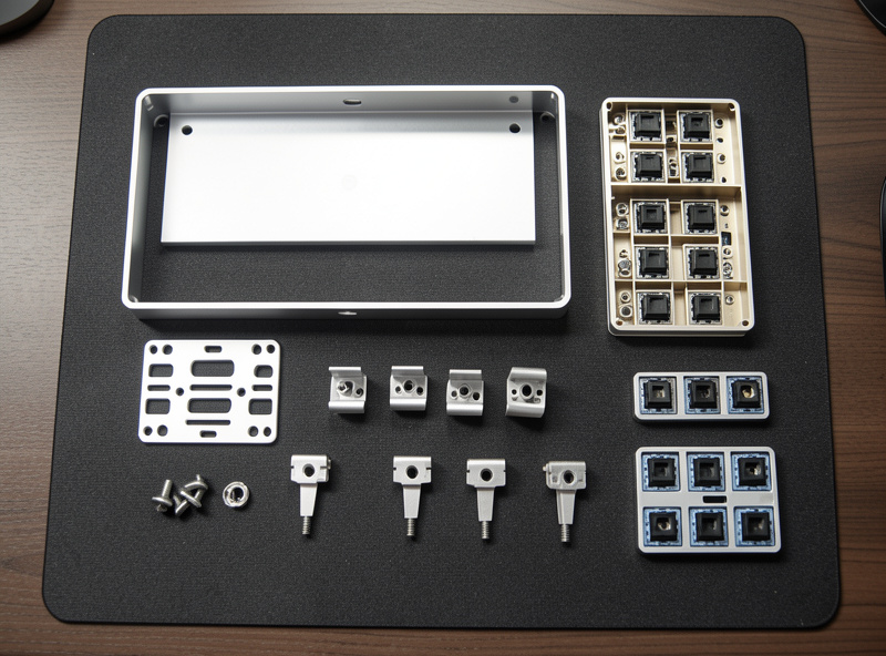 Custom aluminum keyboard kit parts laid out on a desk mat before assembly