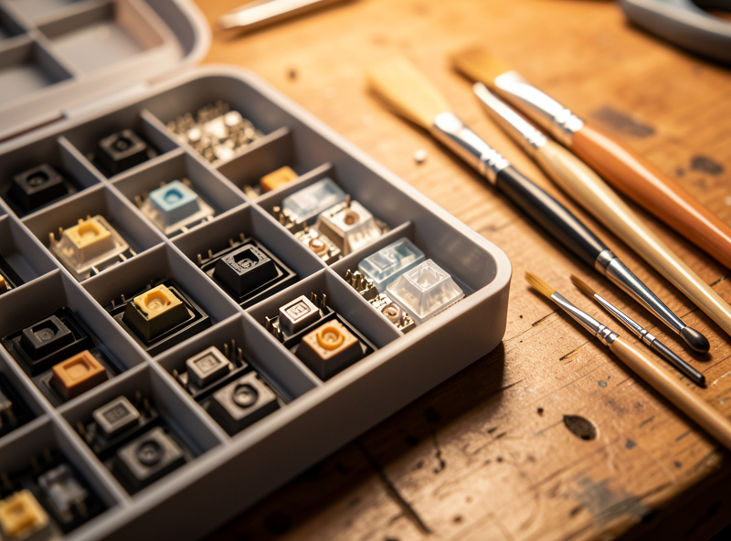 Close-up of a mechanical keyboard switch tray and tuning tools on a workbench
