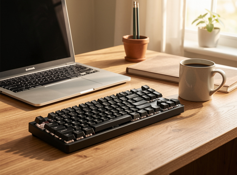 A finished custom mechanical keyboard on a desk beside a laptop and coffee