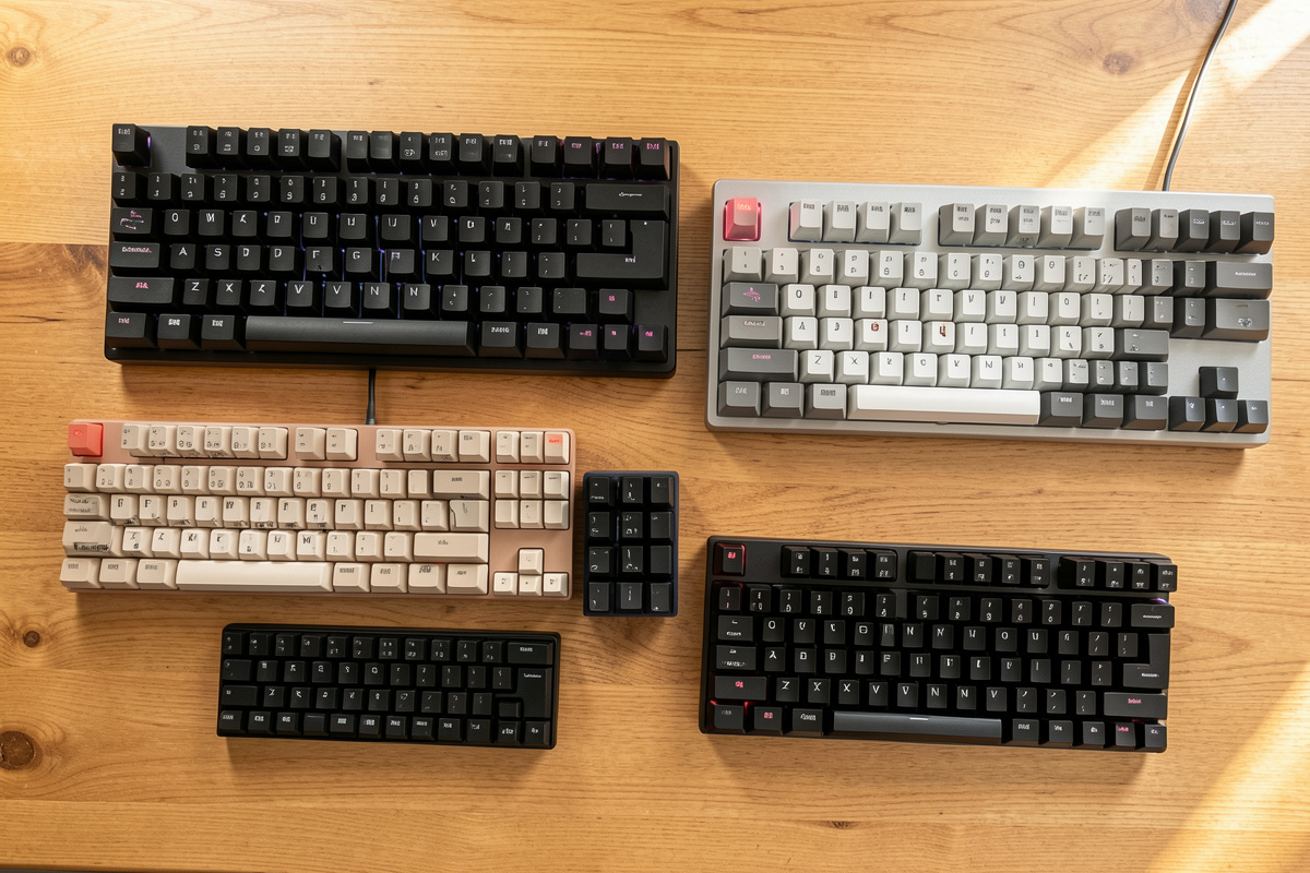 Several mechanical keyboards of different sizes arranged on a wooden desk