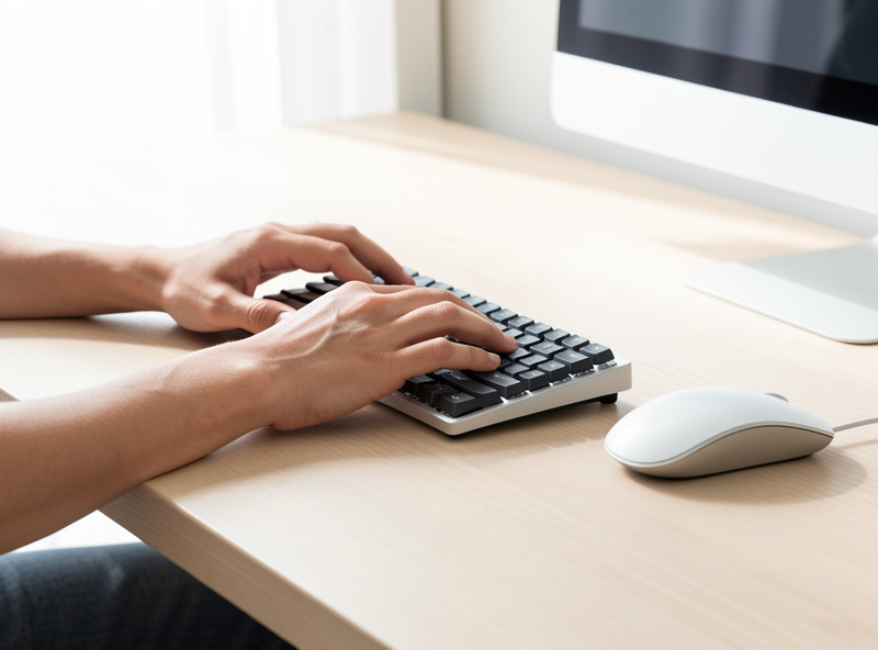 Hands resting on a compact mechanical keyboard at a tidy desk with a mouse close to the right edge