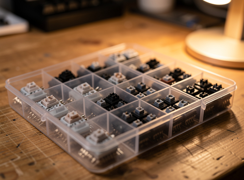 Mechanical keyboard switches sorted in a clear organizer drawer on a workbench