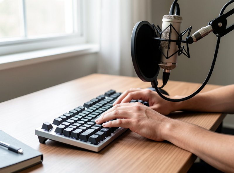 Typing on an aluminum keyboard with a microphone on a boom arm set up for a controlled sound test