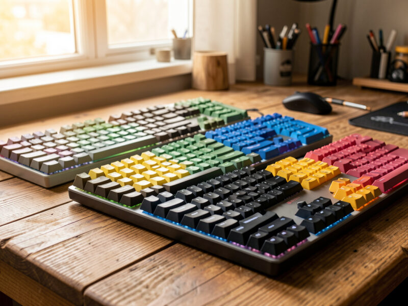 A collection of mechanical keyboard keycap sets in different profiles and colors on a desk