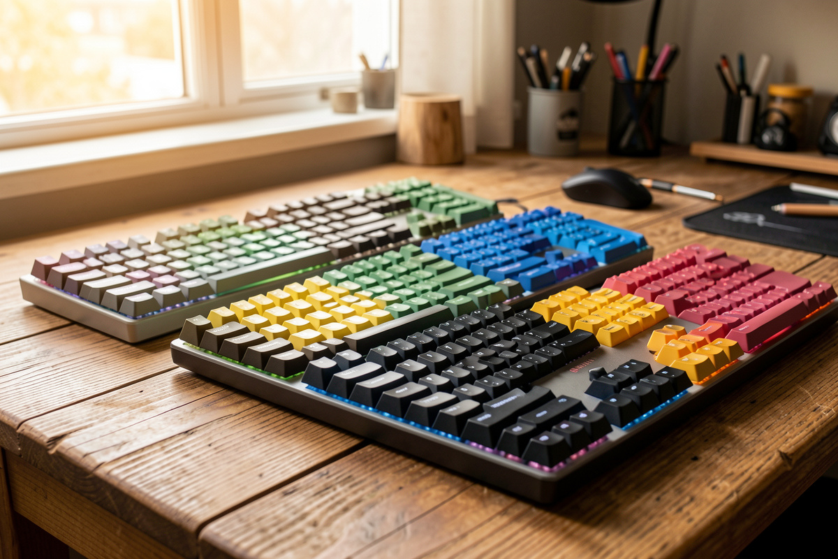 A collection of mechanical keyboard keycap sets in different profiles and colors on a desk
