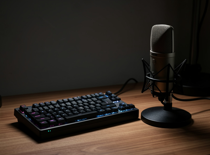 A keyboard on a desk beside a microphone on a stand set up for a controlled keycap sound test