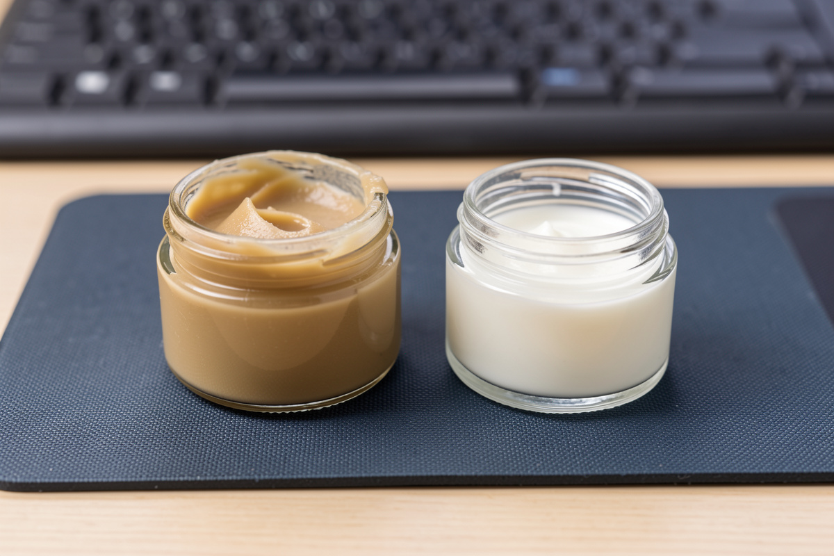 Two small jars of keyboard switch lube side by side on a desk, one thicker grease and one thinner
