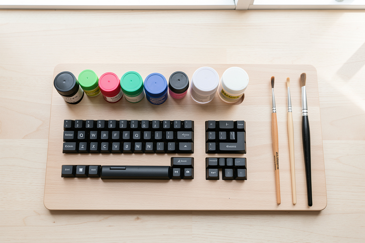 A small lineup of switch lube jars and a brush on a tidy keyboard tuning bench