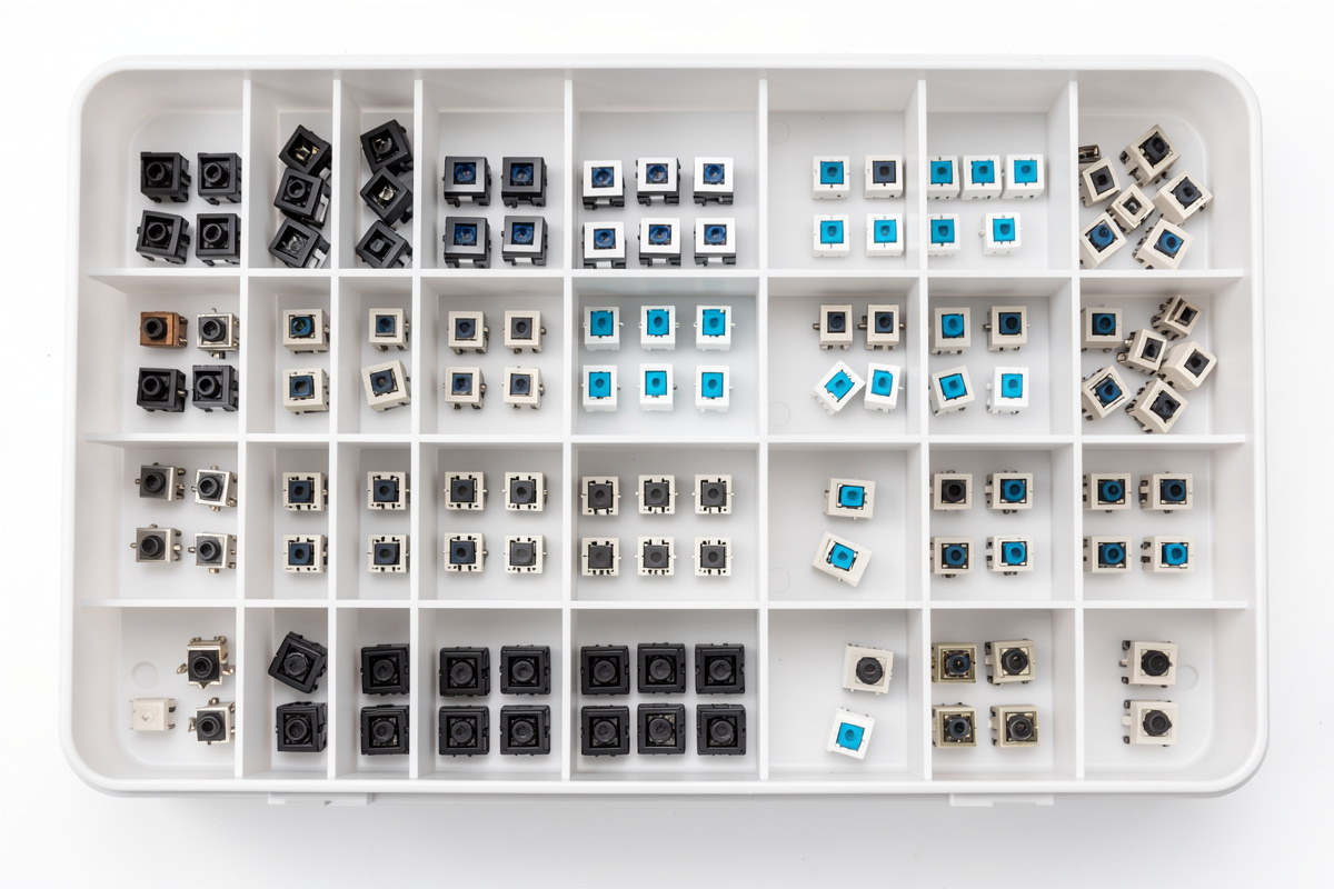 Rows of keyboard switch parts moving through sectioned trays at different stages of lubing