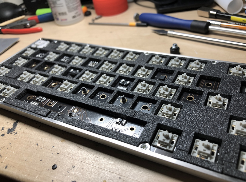 A layer of PCB foam visible under a keyboard plate near the stabilizers
