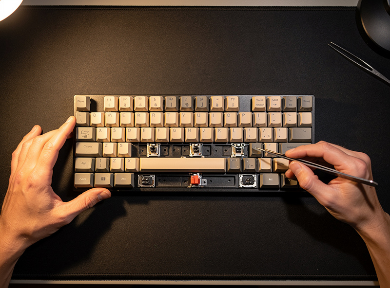 Spacebar removed from a keyboard exposing the stabilizer for the band-aid mod