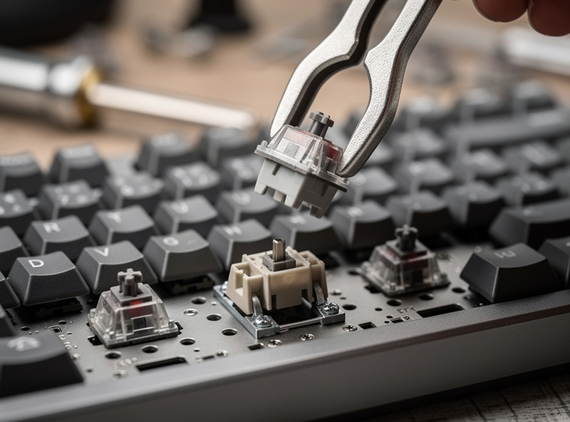 Pulling a single switch off a hotswap keyboard to expose the stabilizer below