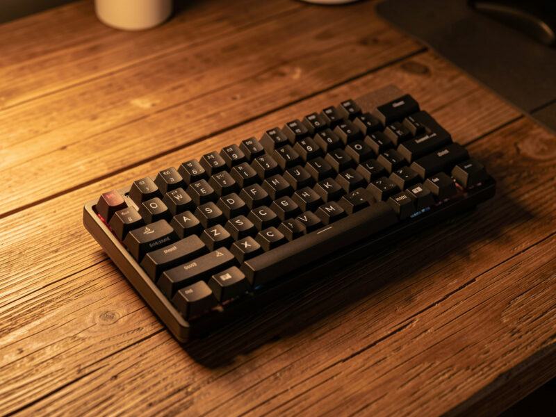 A very small 40 percent mechanical keyboard with about 47 keys on a desk