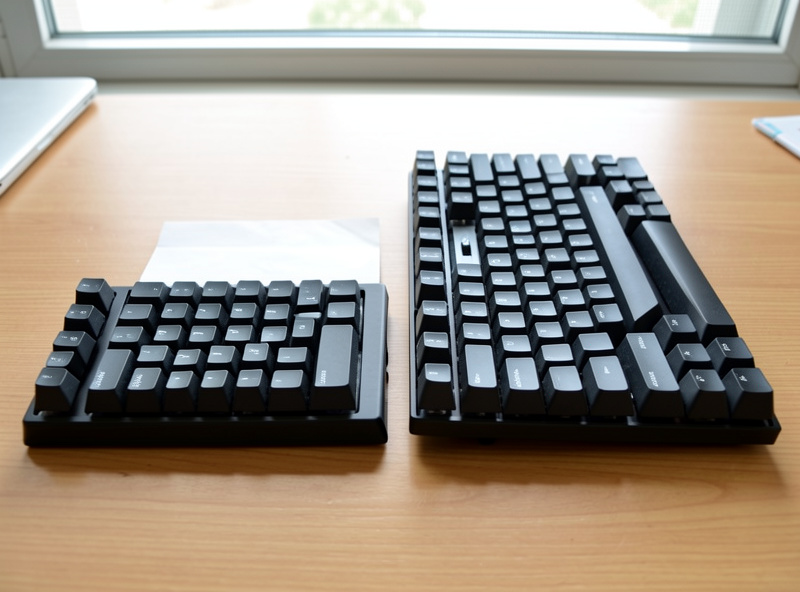 A 75 percent mechanical keyboard next to a 65 percent board on a desk showing the extra function row on the larger board