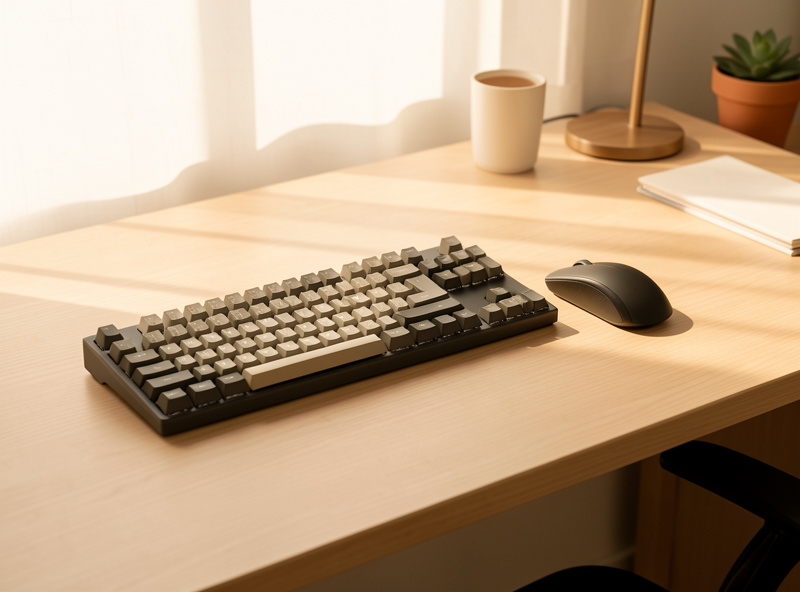 A tidy desk setup with a compact 65 percent mechanical keyboard and mouse in warm light
