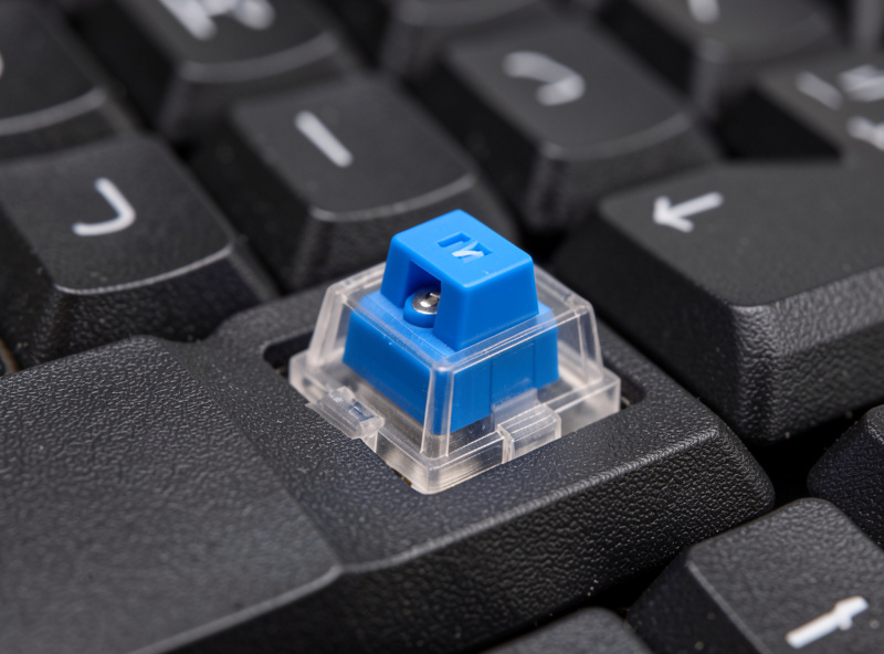 Blue clicky mechanical keyboard switch showing the click jacket inside the translucent housing
