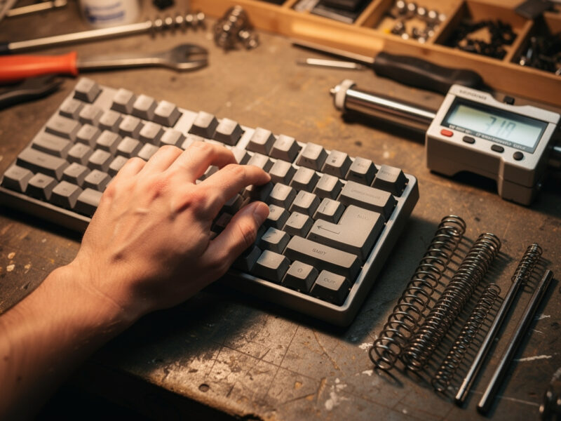 Hand on a mechanical keyboard with a force gauge and graded springs on the desk